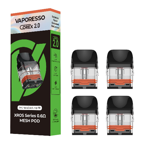 Packaging and four individual Vaporesso XROS Series 0.6Ω mesh pods.